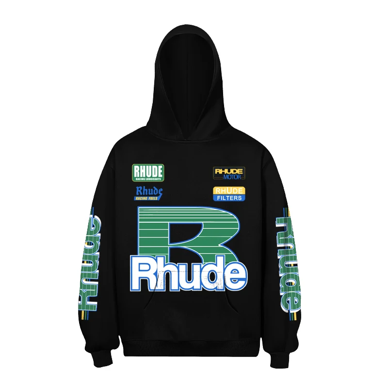 High Quality Black Casual Loose Rhude Hooded Sweatshirt Men Women Letter Pattern Printed Hoodie
