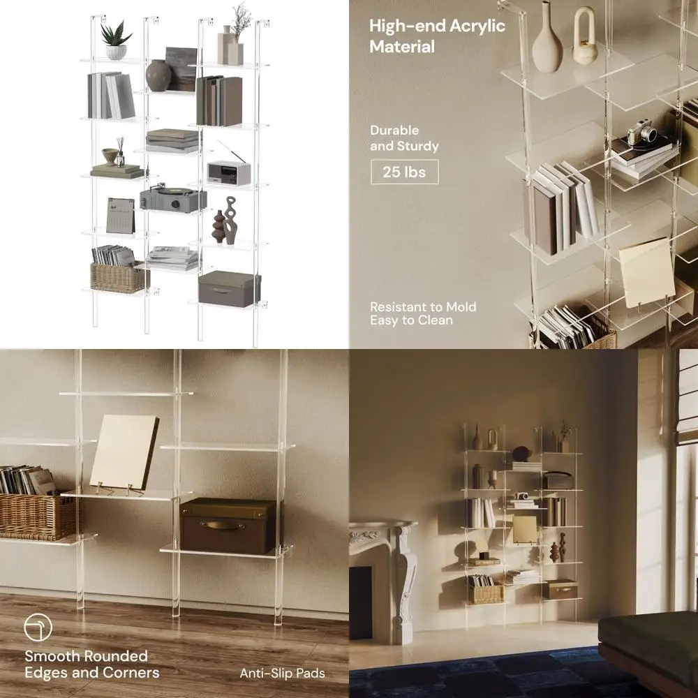 

Clear 5-Tier Wall-Mounted Ladder Bookshelf with 14 Open Shelves for Multipurpose Use in Living Room and Bath