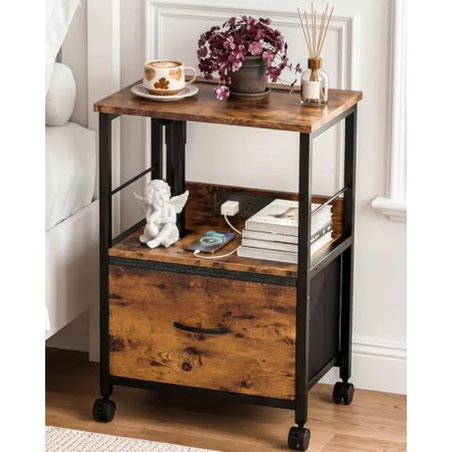 

Swivel Lift Top Nightstand with Charging Station Rolling Side Table for Recliner Bedside Table with Wheels and a Fabric Drawer