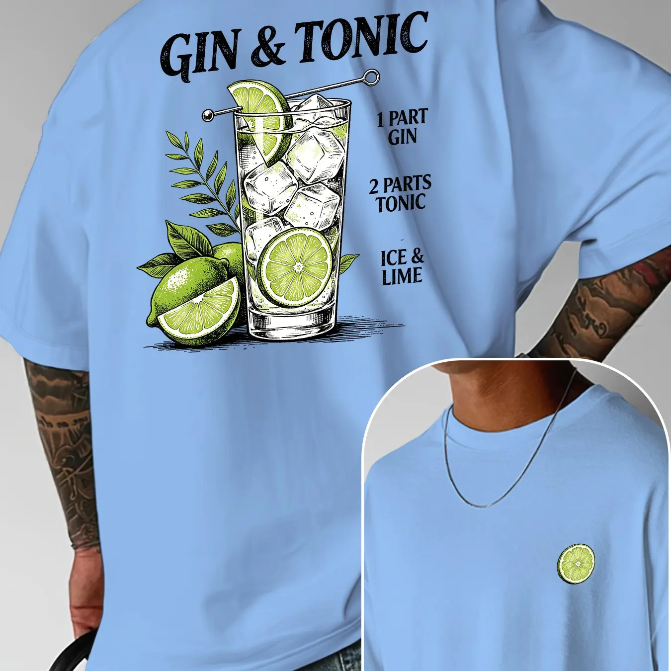 Herren 100% Baumwolle Gin und Tonic Cocktail Muster T-Shirt Sommer Lässiges Getränke-Motiv Kurzarm-T-Shirt Atmungsaktives Oberteil für den Urlaub – Detail 4