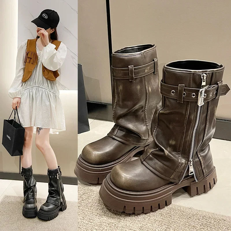 PetiteVintage British Style Thick Bottom Martin Boots Women's New 2023 Autumn/Winter Slimming Pile Short Boots Tube Boots