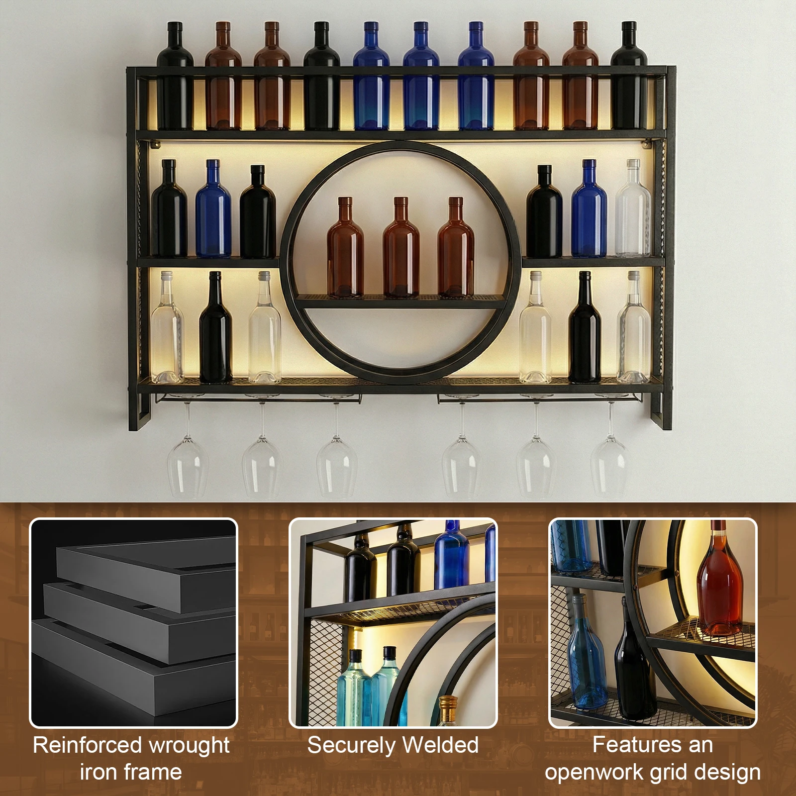 

Wine Display Storage Holder Metal Wall Mounted Wine Rack 3 Tier with LED Light with Wine Glass Holder for Home Bar Dining Room