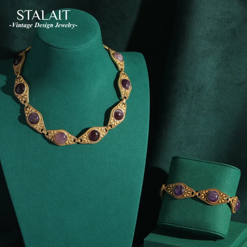 

Vintage Necklace Bracelet Jewelry Sets Purple Glass Antique Gold Color Eye Luxury High Quality Natural Stone Collar Accessories