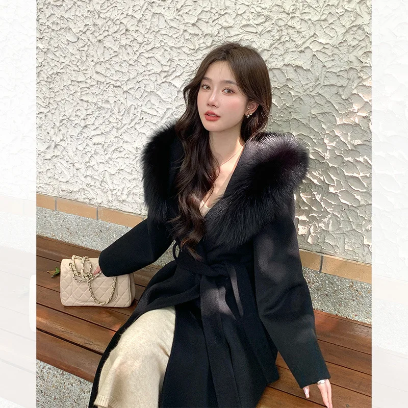 French Lazy 2025 Autumn Winter New Fashion Hooded Double Faced Cashmere Coat Mid Length Real Fox Fur Collar Wool Warm Coat Women