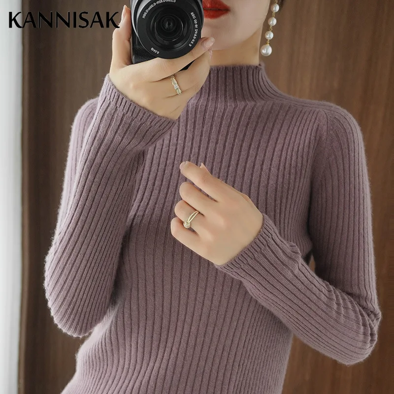 Womens Sweater Solid Mock Neck Inner Bottoming Shirt Korean Slim Fit Stretch Pullovers Autumn Winter Casual Knitted Warm Jumpers