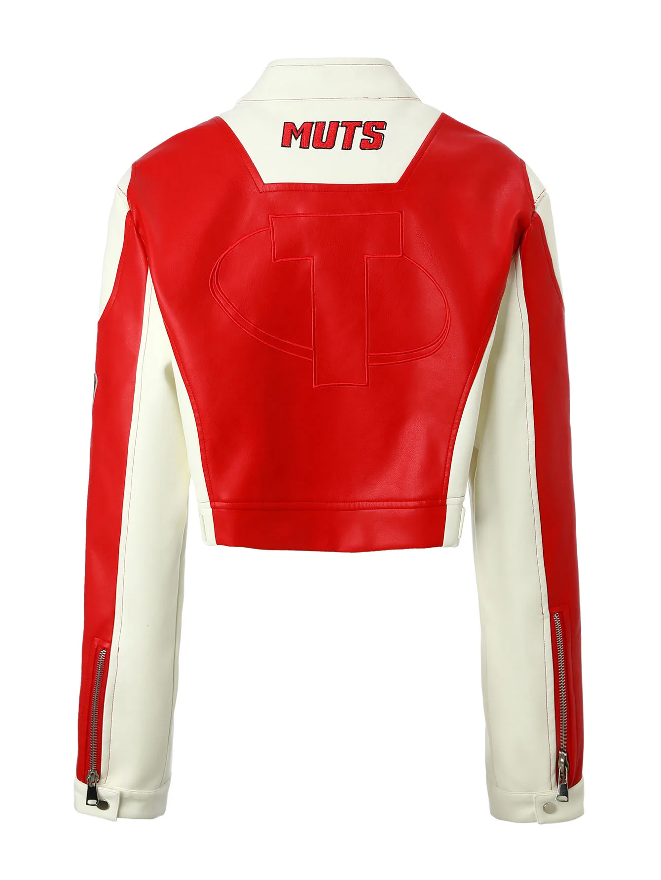 ผู้หญิงสีแดงและสีขาว Colorblock PU Biker Jacket,ขาตั้งซิปด้านหน้า,ตกแต่งเย็บปักถักร้อย,เรขาคณิตกลับ,ฤดูใบไม้ผลิฤดูใบไม้ร่วงOuterwear