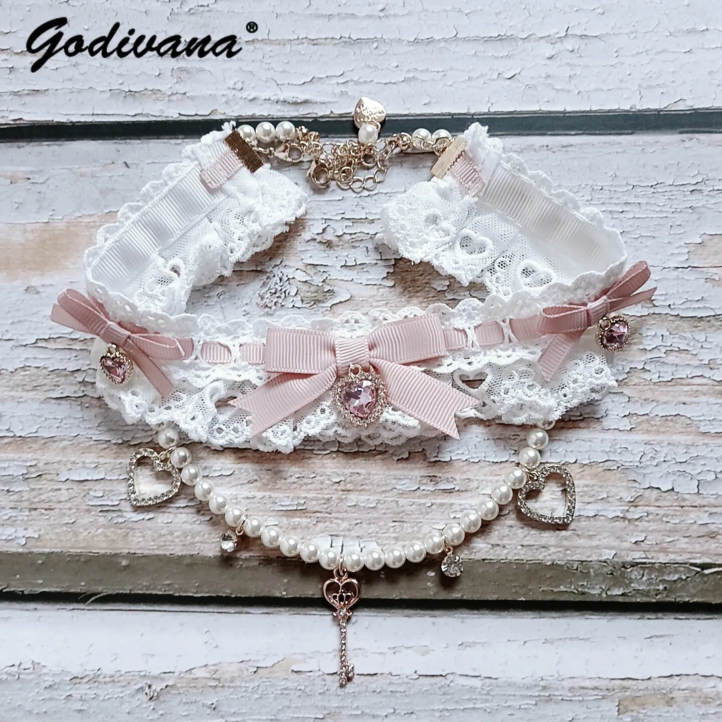 Japanese style sweet cute lolita lace rhinestone bow ruffle choker lolita pearl necklace girls women's collar necklace