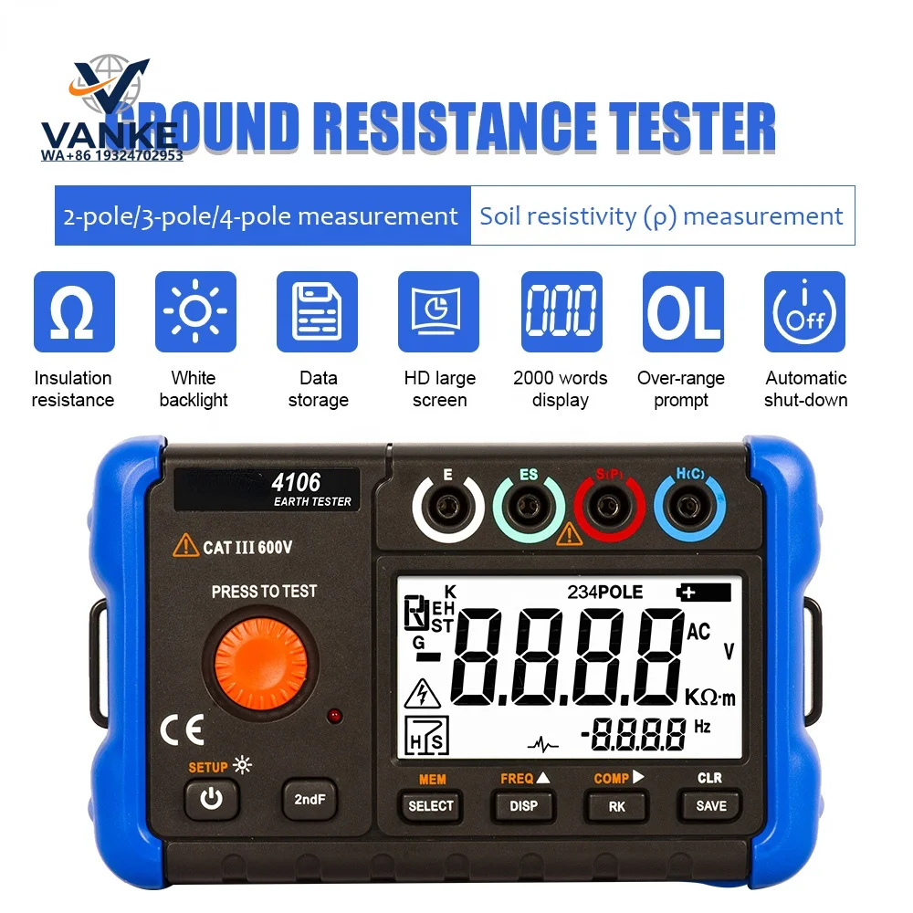 4106 Earth Resistance Tester 2/3/4 Poles Method 20V Voltage 20mA Current Frequency Soil Resistivity Measurement OEM Customizable