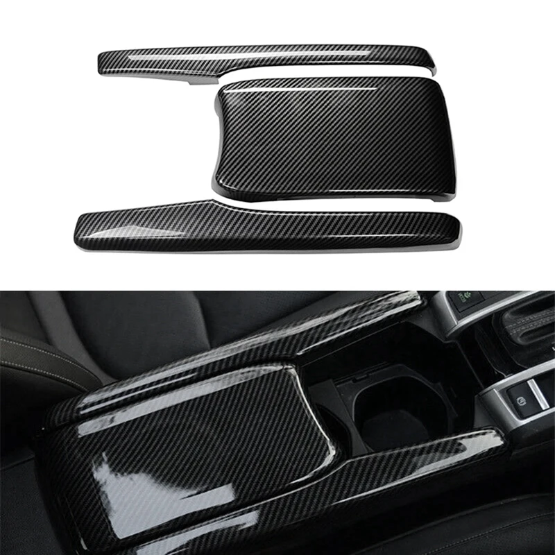 3 Pcs Car ABS Carbon Fiber Central Armrest Box Panel Cover For Honda Civic 2016- 2021 Accessories Interior Parts