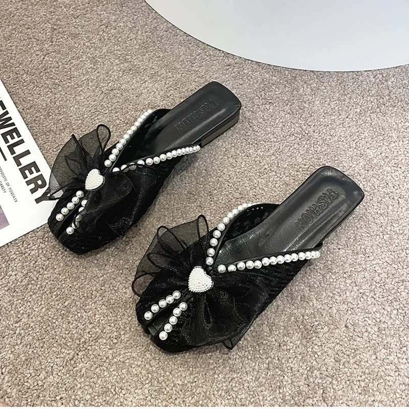 

Closed Toe Half Slippers for Women Summer Wear 2022 New Bow Pearl Flat Soft Bottom Peep-Toe Slippers Women