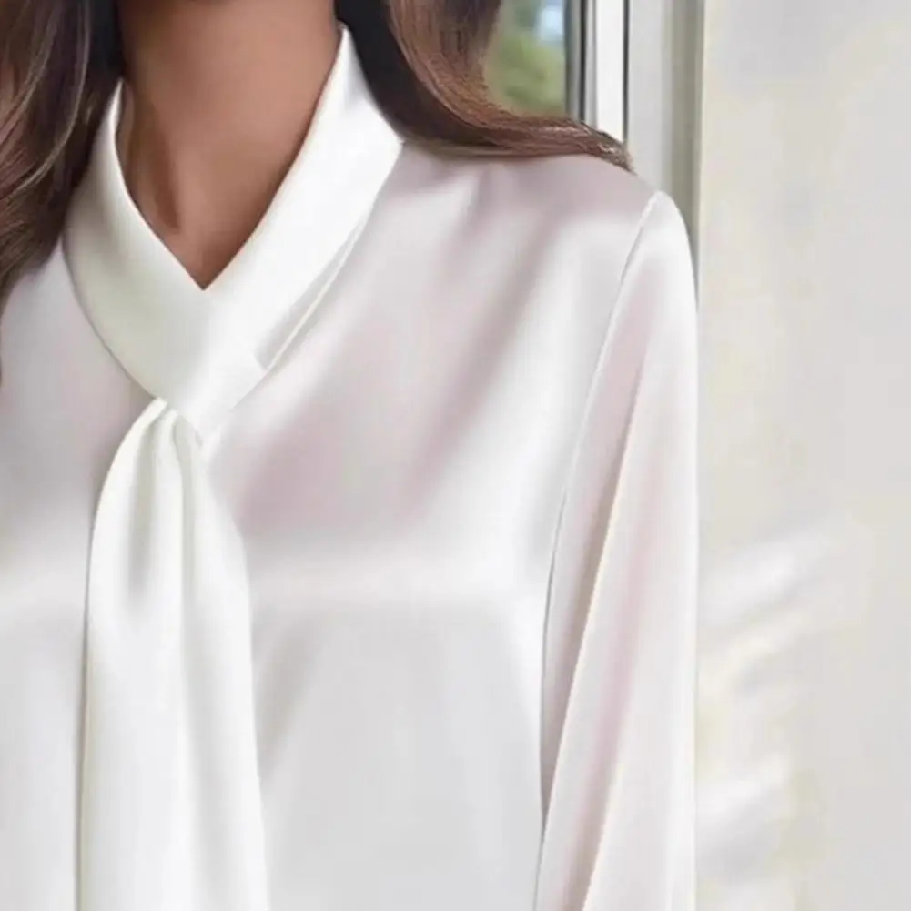

Spring Women T Shirt Women Shirt Ribbon V-Neck Long Sleeve Satin Texture Blouse Casual Work Party Dress Tops