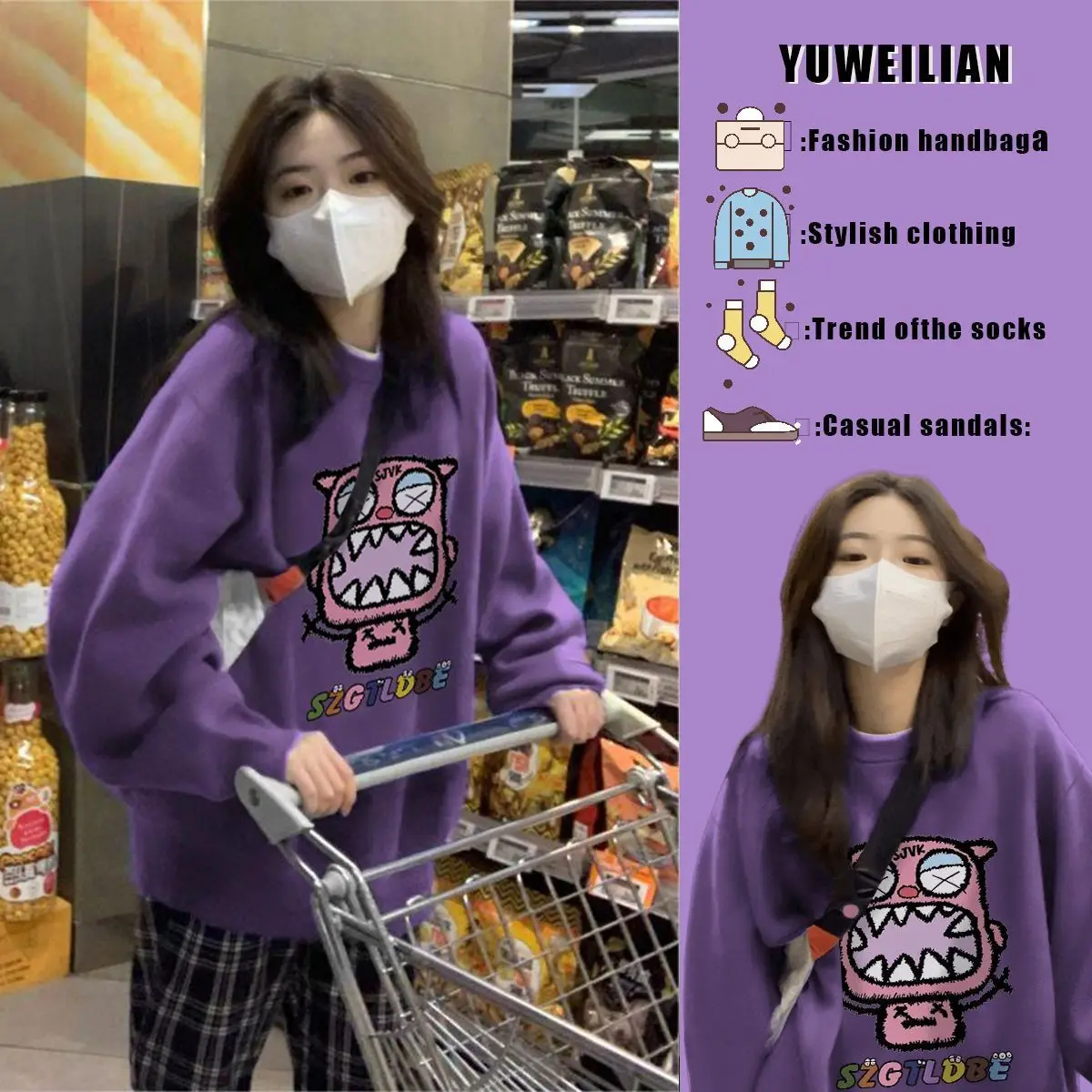 Moletom Longo Solto com Capuz para Mulheres, Estilo Fashion, Estampado, Novo, Pulôver Redondo Coreano