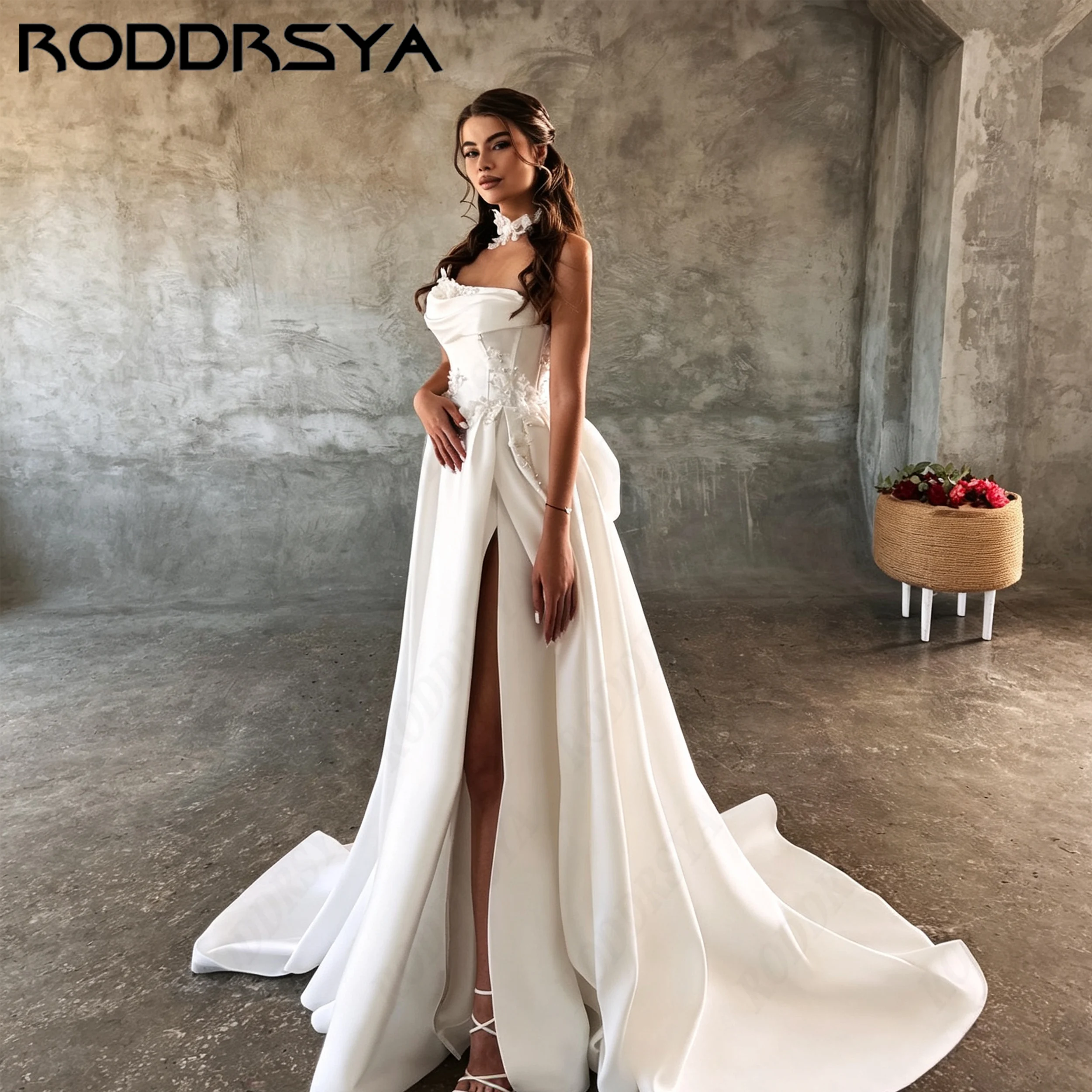 RODDRSYA Strapless 3D Floral Wedding Gown For Women Modern Satin Bride Dresses High Split A-Line vestidos de novia Customized