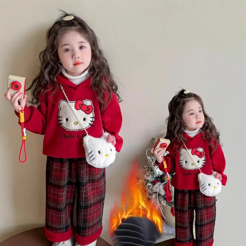 

Sanrio Hello Kitty Thicken Hoodie Two-Piece Set Girl Winter Tops Pants Sportswear Child Kawaii Anime Cartoon Fashion Clothing