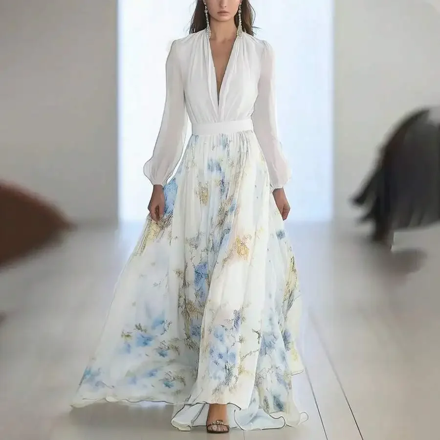 

Womens Elegant Floral Print Long Dress V-Neck Loose Fit Bohemian Style Floor Length Summer