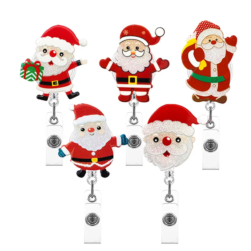 New Glitter Acrylic Christmas Santa Claus Badge Reel Retractable ID Badge Holder With 360 Rotating Alligator Clip Name Holder