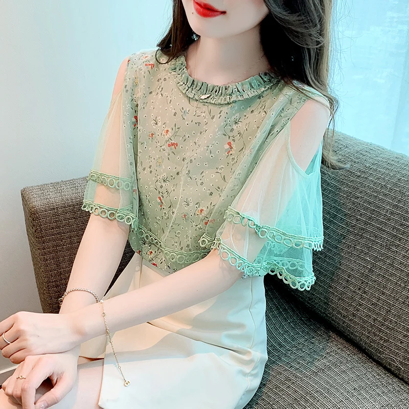 Summer Fashion Short-Sleeved Off Shoulder Chiffon Shirt Women's Clothing 2023 New Beautiful Mesh Top Super Fairy Blusas