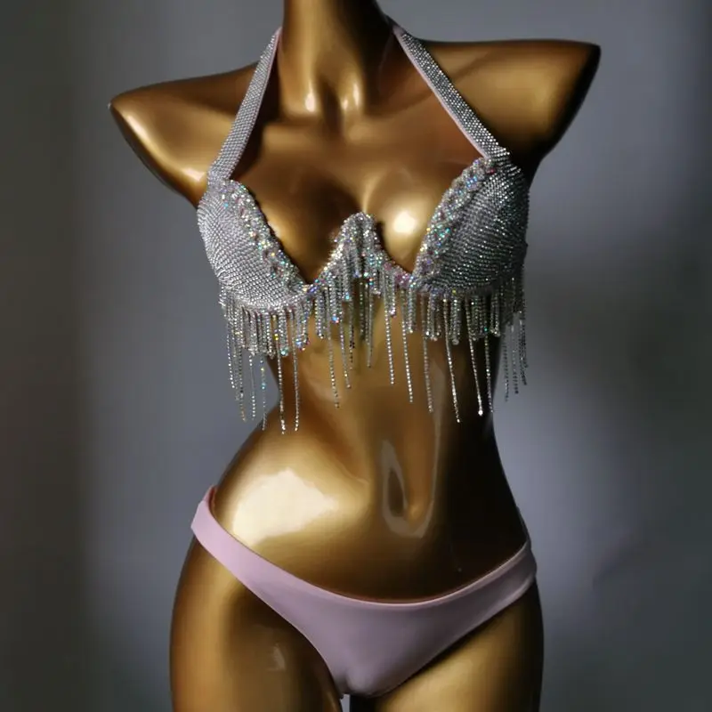 2024 Bikini Set Women Diamante Carnival Bra rhinestone Tassel Night Club Panties Rave Festival Bikini Set Burning Man Outfit