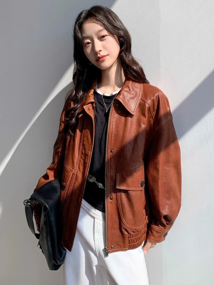 빈티지 천연 가죽 재킷 여성용 봄 가을 2025 신상 고급 심플 솔리드 소프트 루즈 캐주얼 리얼 양가죽 코트