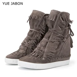 Real leather Women High Top Tassel Suede Ankle Boots Ladies Height increasing Fringed Casuals Tongue Bandage Inner Wedge Sneaker