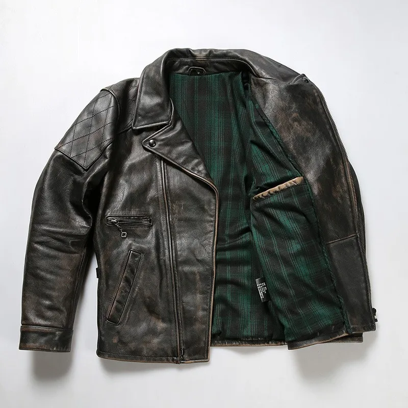 Green tea core calfskin men's lapel diagonal zipper motorcycle leather