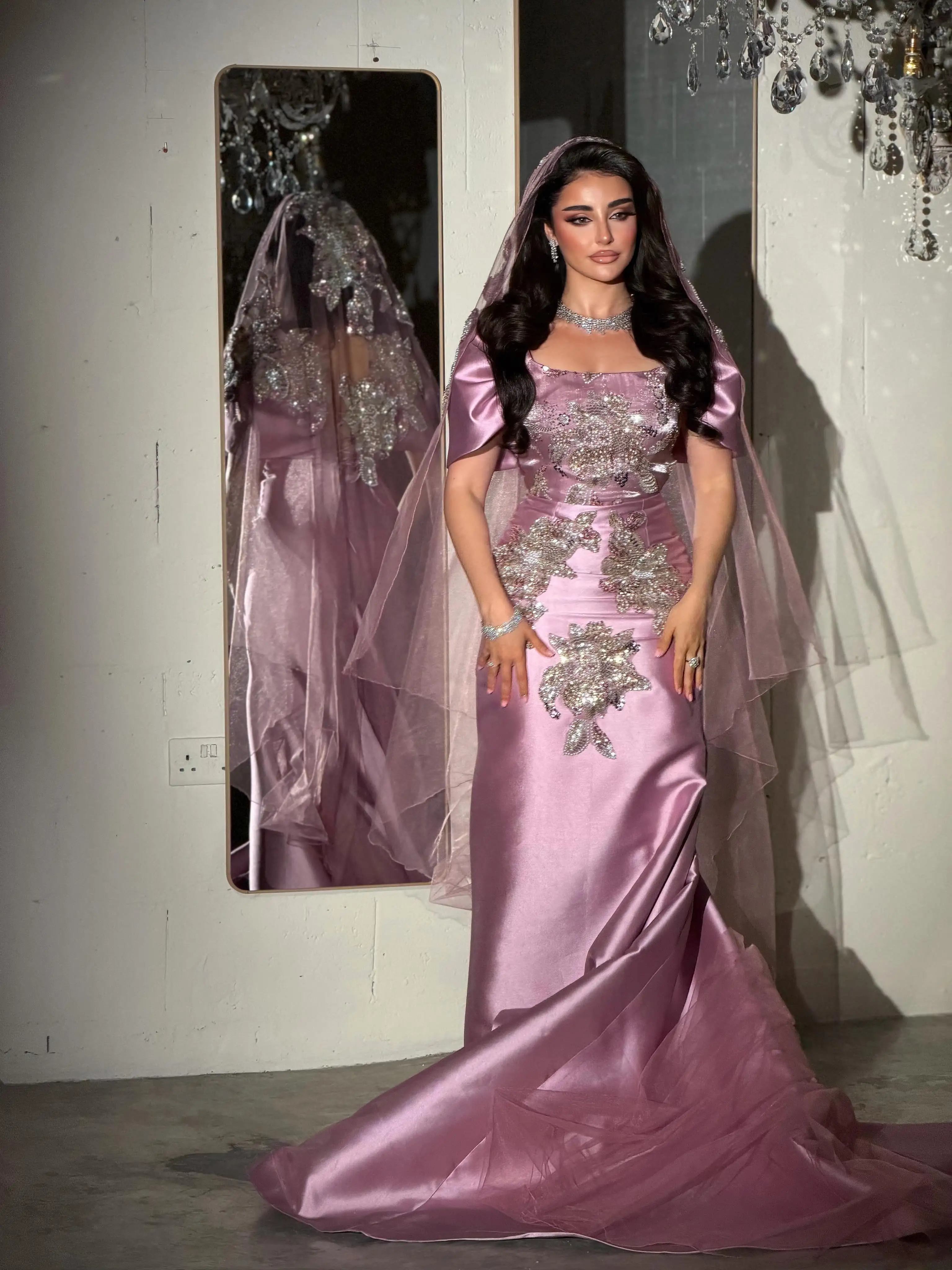 

Aunber Exquisite Purple Mermaid Prom Dresses Cap Sleeves Handmade Beads Pearls Crystal Sequined Sparkling Evening Dresses