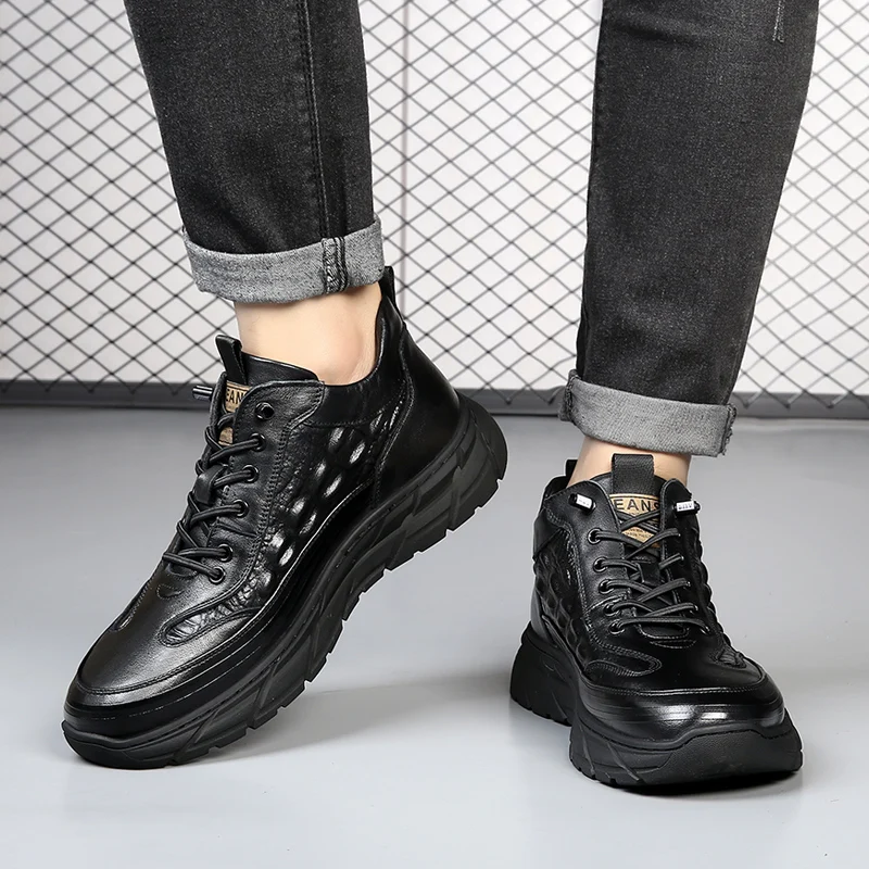 

Мужские кроссовки из воловьей кожи, черные повседневные кроссовки на высокой платформе, со шнуровкой