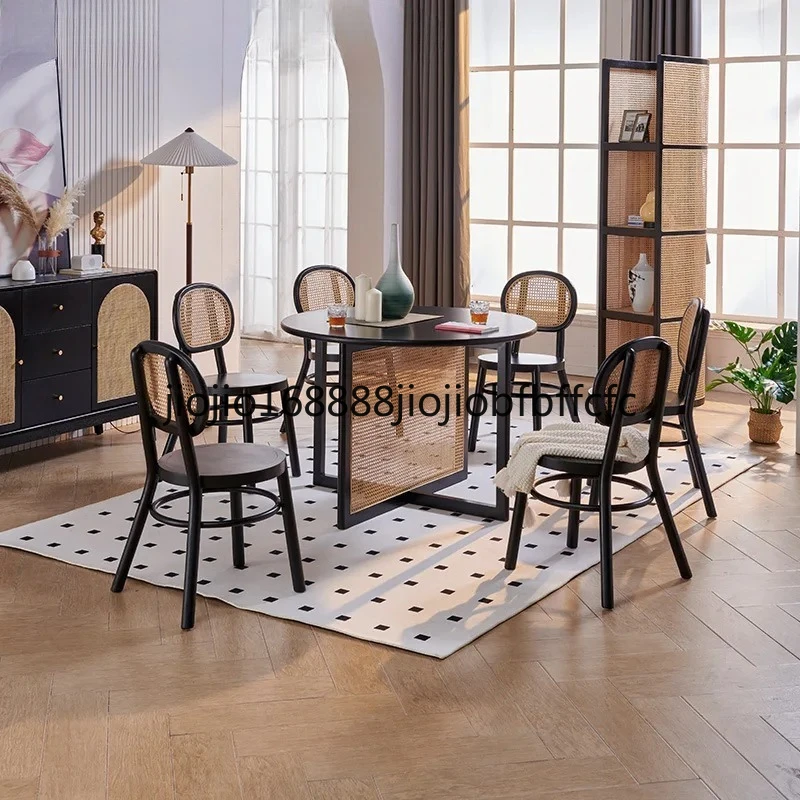 Suitable for Nordic rattan solid wood dining table black small apartment simple hotel restaurant dining chair round table combin
