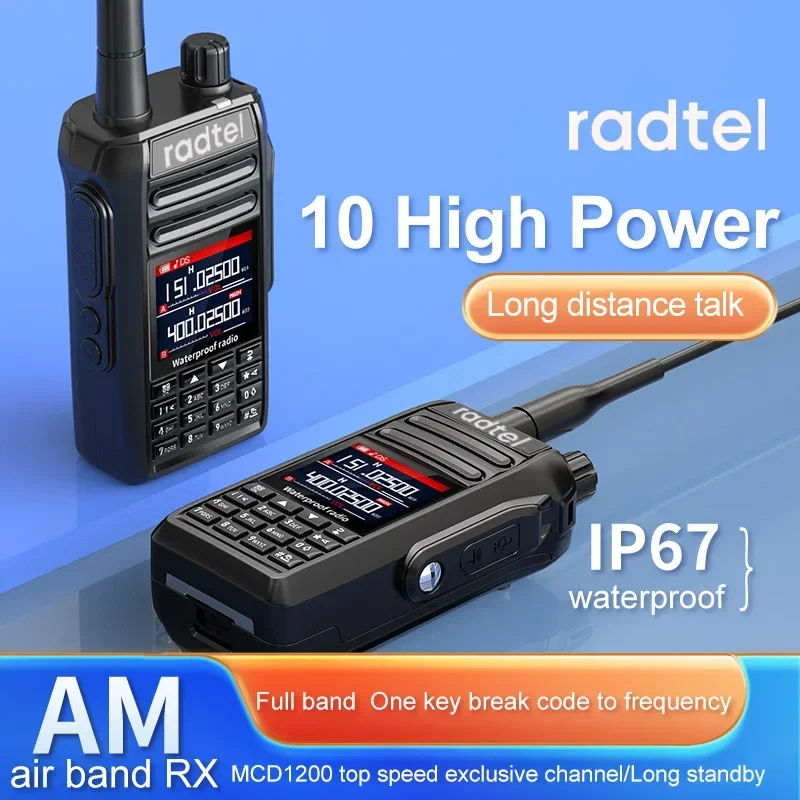 Radtel RT-495 10w IP67 Waterproof 6 Bands Amateur Ham Two Way Radio 256CH Aviation Air Band Walkie Talkie LCD Color Police Scan