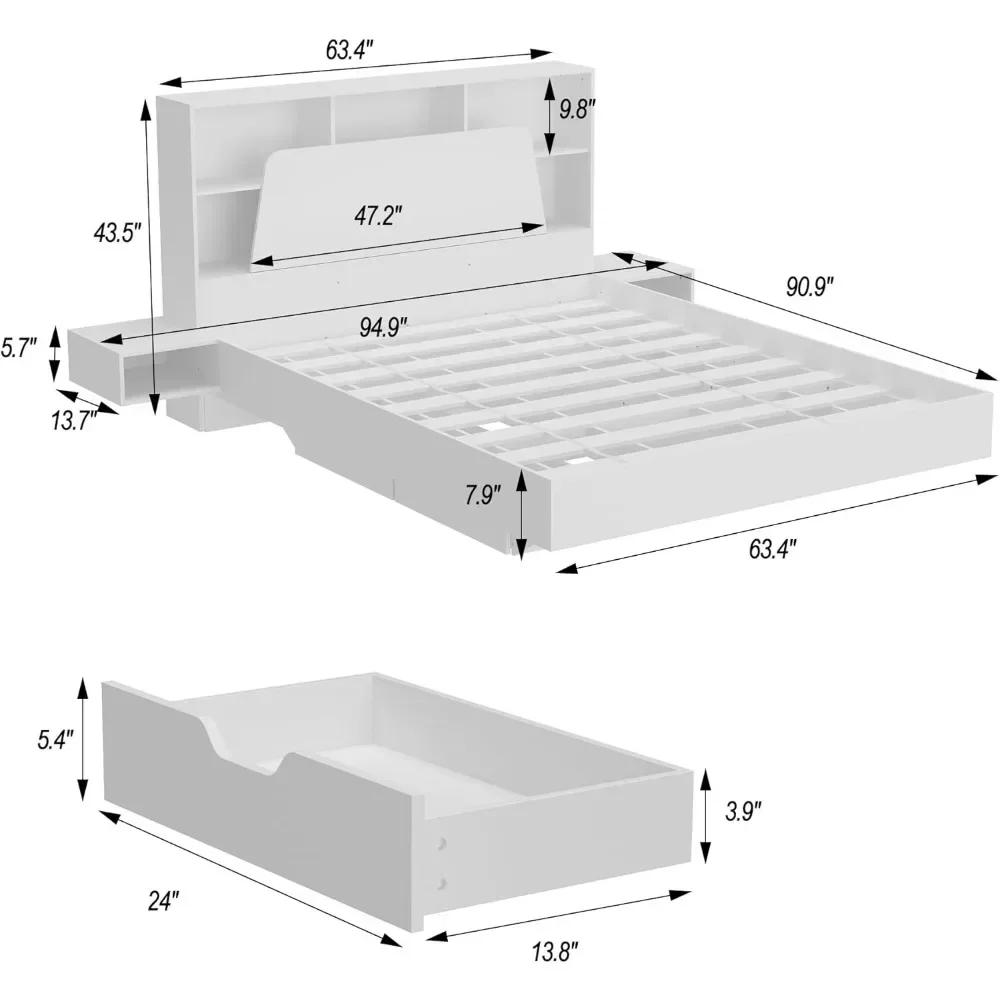 Bed Frame Queen Size with Charging Station, Storage Headboard, 2 Nightstands and 4 Drawers, Queen Bed with Outlets and USB Ports