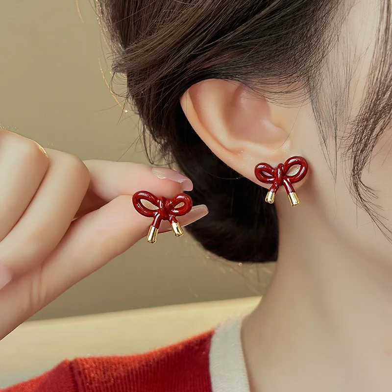 خمر قطرة النفط الأحمر Bowknot وأقراط للنساء الفتيات أزياء لطيف الحلو الأذن ثقب المجوهرات اكسسوارات هدايا