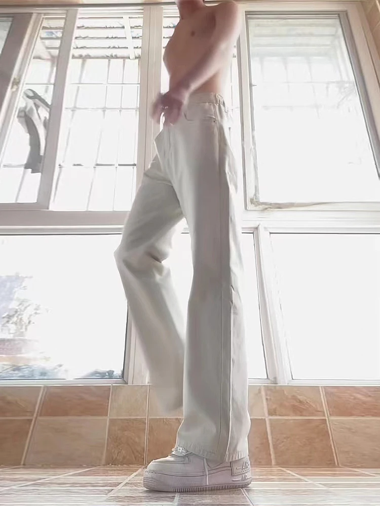 

American Sle Men's White Jeans High Waist High Crotch Lengthening Leg Effect Straight Leg Jeans Casual Youthful Fit