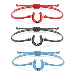 Zinc ALloy Enamel Horseshoe Lucky Charm Bracelet Women Girl Colorful Black White Red Blue Purple String Handmade Jewelry Present