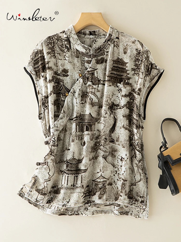 

Элегантная бархатная рубашка из 100% шелка Winsleter-Bottom, женская рубашка-стойка с коротким рукавом и принтом, блузка в стиле ретро, осенняя новинка 20237CC