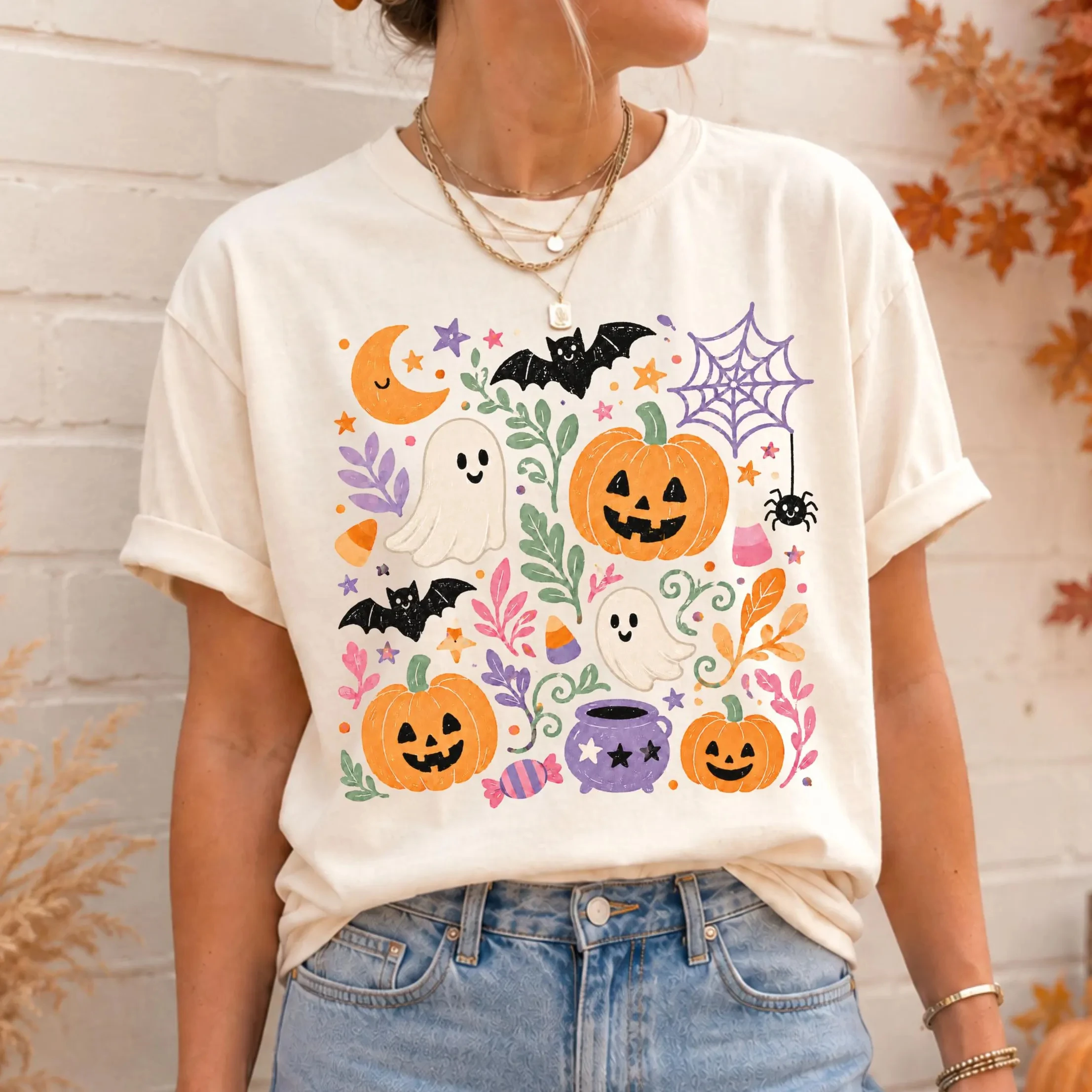 Preppy Fall Pumpkin‑Theme Spooky Doodle Graphic Tee, Trendy Casual Halloween‑Inspired Holiday Gift Streetwear Fashion Daily Top