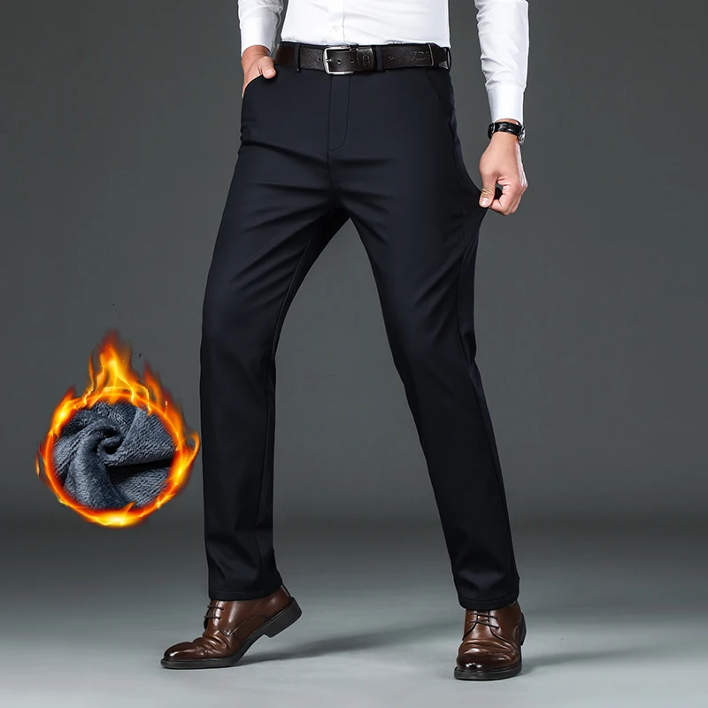 Pantalones informales gruesos de lana para hombre, pantalones rectos de negocios a la moda, pantalones de marca de lana, pantalones holgados y cálidos de felpa para hombre 29-42