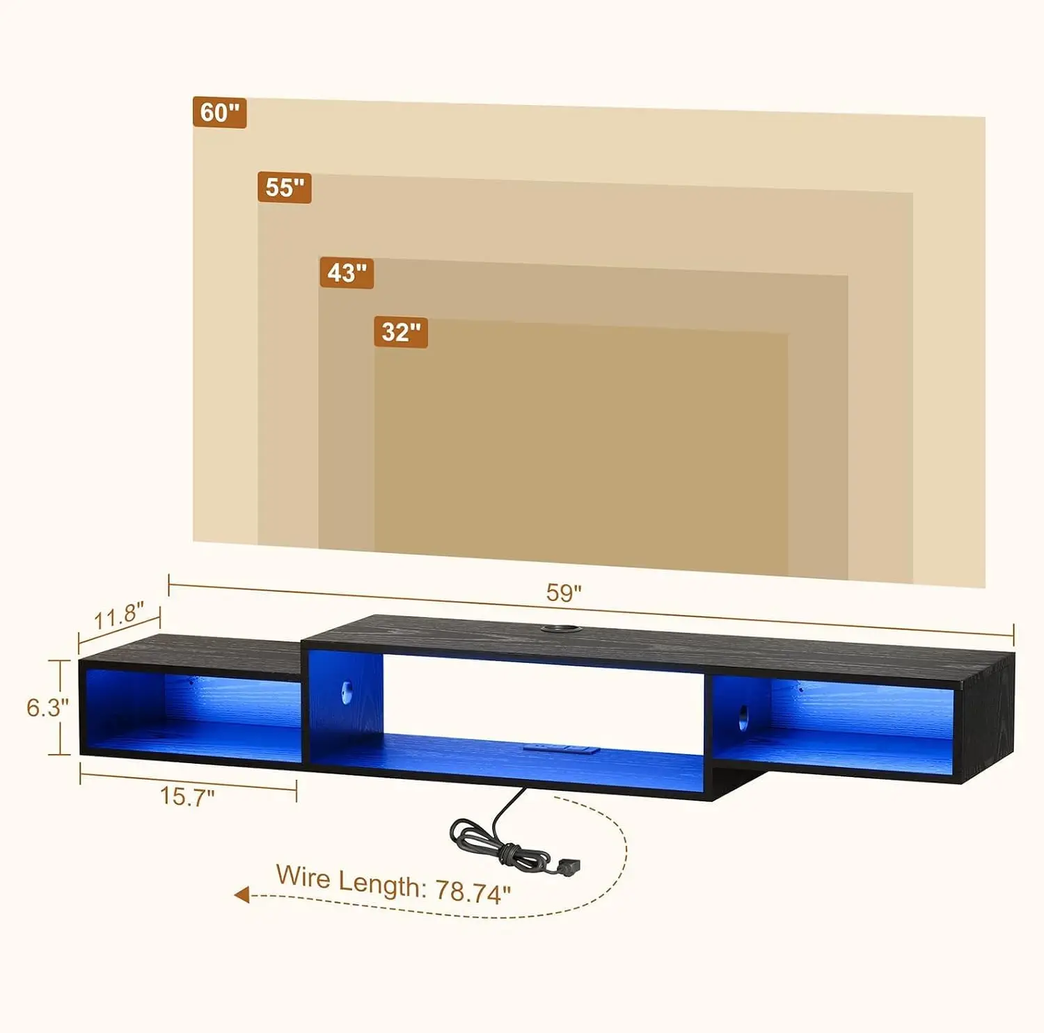 59 Inch Floating TV Stand with Built-in LED Lighting, Power Outlet & Hidden Cable Management for Living Room, Bedroom, Apartment