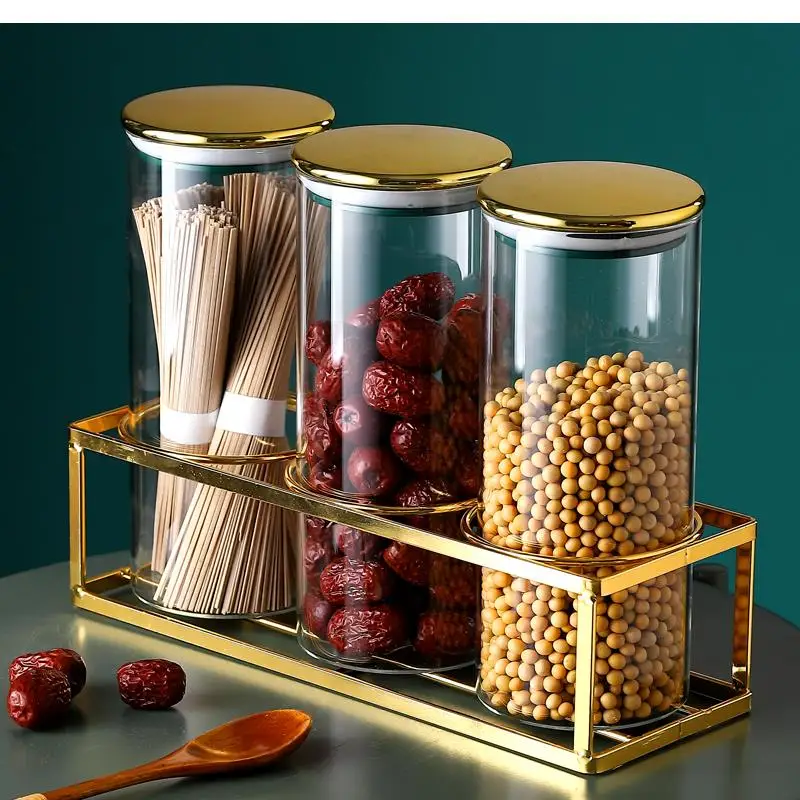 Transparent Glass Jars and Lids Kitchen Canister Sets Cereal Dispenser Suger Jar Food Sealed Cans Storage Box with Shelf