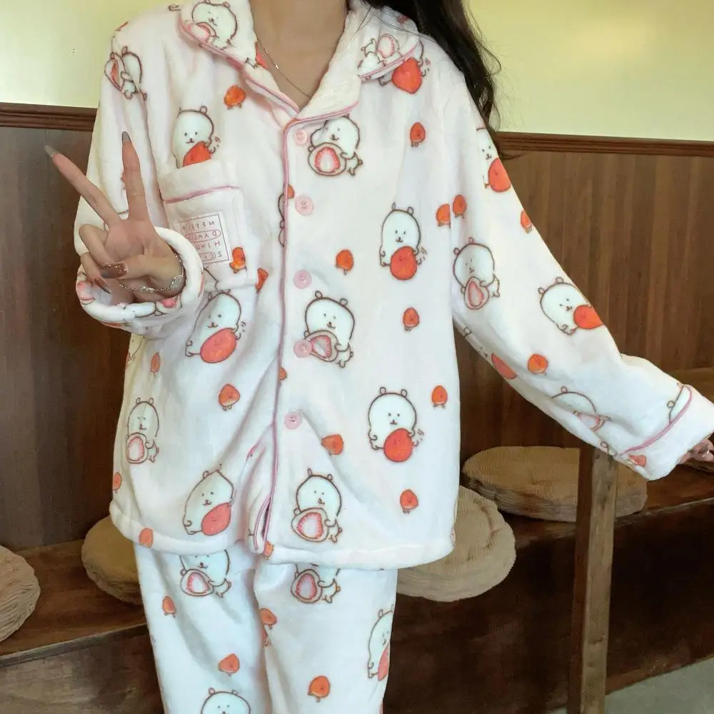 Mogumogu Peripherals Joke Bear Winter Coral Velvet Pajamas for Girls Warm and Thickened Home Clothes Give Gifts To Girlfriend