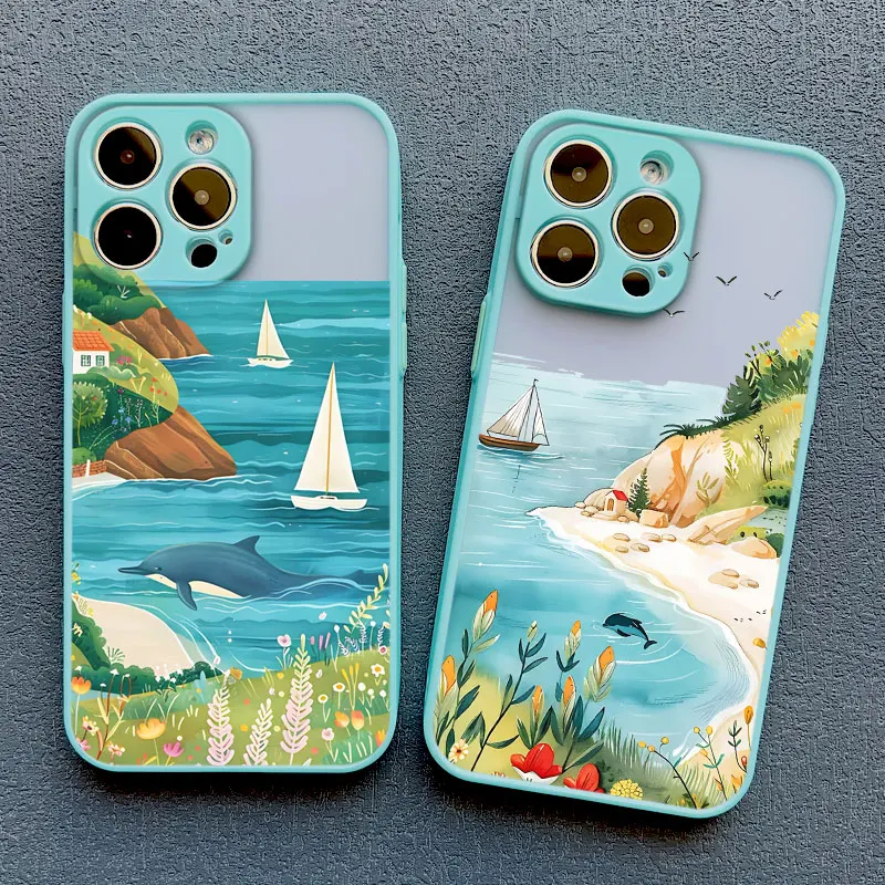 Beach Scene Seawater Dolphin Phone Case For iPhone 13 12 Mini 11 Pro Max 16 15 14 Pro Max Plus XR X XS 7 8 Plus Shockproof Cover