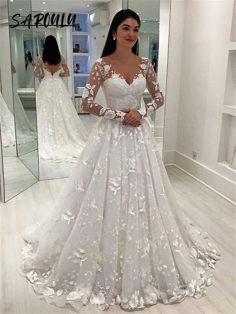 SAROULU Long Sleeve A-line Bridal Gown Vintage Lace Appliques Backless Wedding Dresses For Women Custom Made Bride Dress