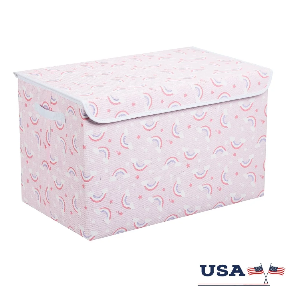 

Foldable Toy Storage Trunk with Attached Lid Rainbow Pattern Organizer Kids Bedroom Playroom Easy Care Lightweight Handles