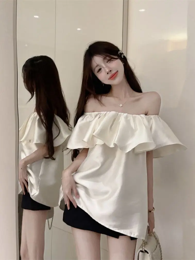 Puro estilo hong kong solto de uma letra gola de folha de lótus camisa de cetim temperamento high-end versátil quente menina topo