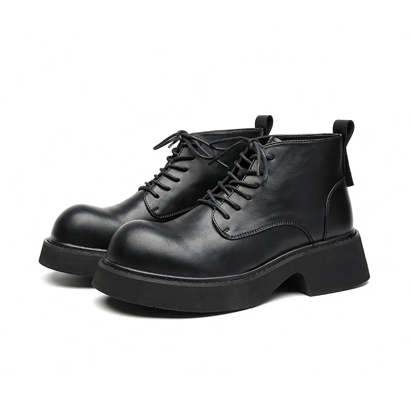 New British Men Fashion Black Men Boots Dress Leather Shoes Platform Boots Outdoor Height Increasing Shoes Motorcycle Boots