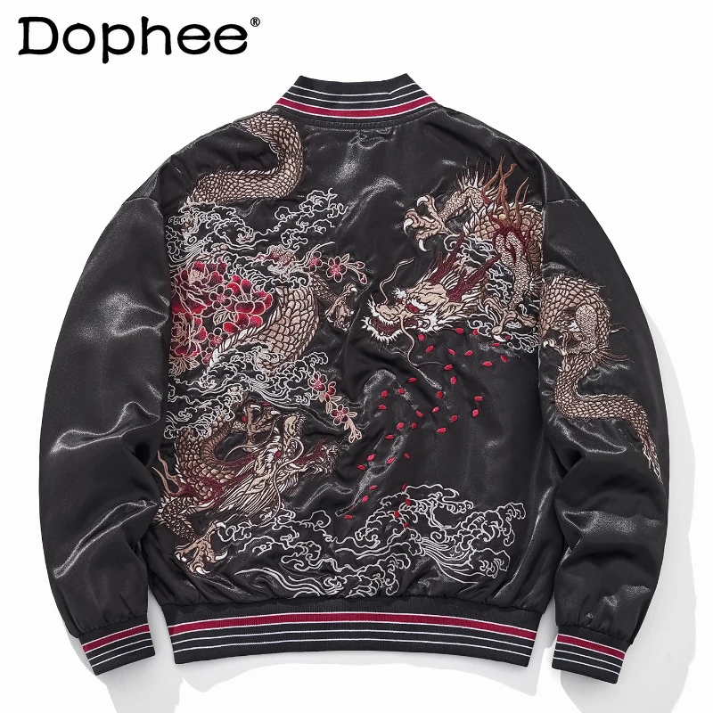 

Men's 2025 Autumn New Men's Stylish Loose Baseball Jackets Satin Retro Versatile Yokosuka Fashion Dragon Embroidery Jacket Coats