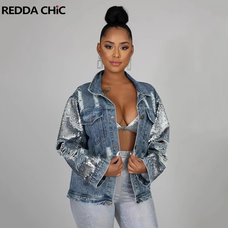 

REDDACHiC Glitter Sequin Women Denim Jacket Destroyed Irregular Stitch Lapel Single-breasted Bomber Coat Hiphop Retro Outerwear