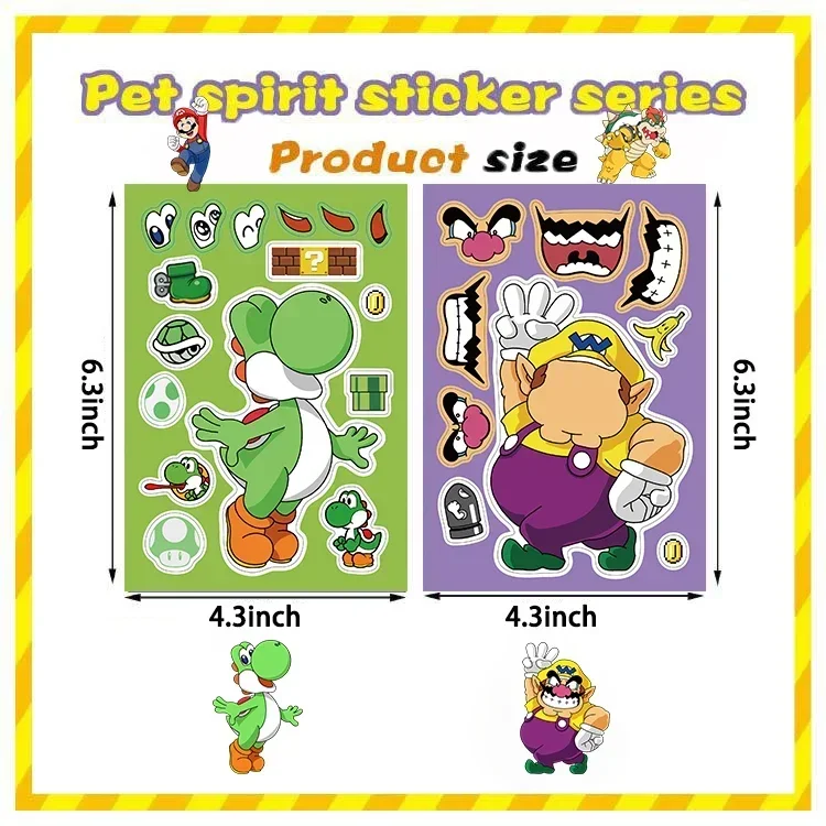 8/16Sheets Disney DIY Puzzle Sticker Super Mario Face Funny Anime Kuromi Lilo & Stitch Stickers for DIY Cartoon KidsToy Gift