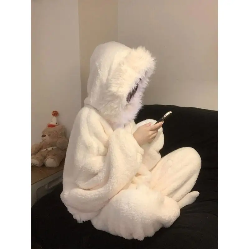 

Плюшевая пижама с капюшоном для девочек, коралловый флис, осень-зима, новая модель, утепленные брюки с длинными рукавами, повседневная женская домашняя одежда, костюм