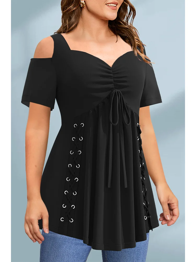 Women Plus Size Off the Shoulder T shirt Casual Black Cold Shoulder Pleated Metal Eyelet Washer Short Sleeve Summer A-Line Top