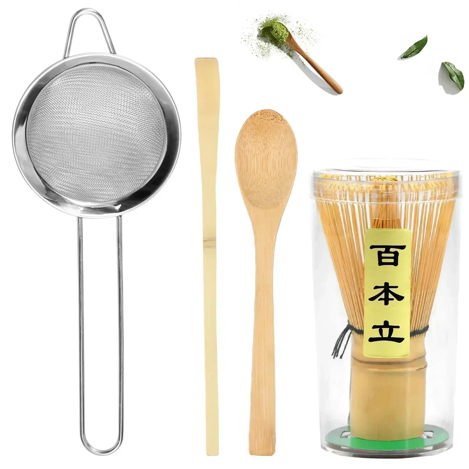 Conjunto de batedor matcha feito à mão, 4 unidades, bambu matcha batedor tradicional colher de chá colher profunda filtro de chá transparente batedor suporte de armazenamento